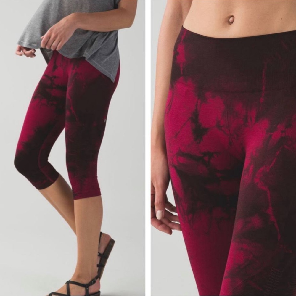 Lululemon flow and go crop, size 4, wine berry red black tie dye